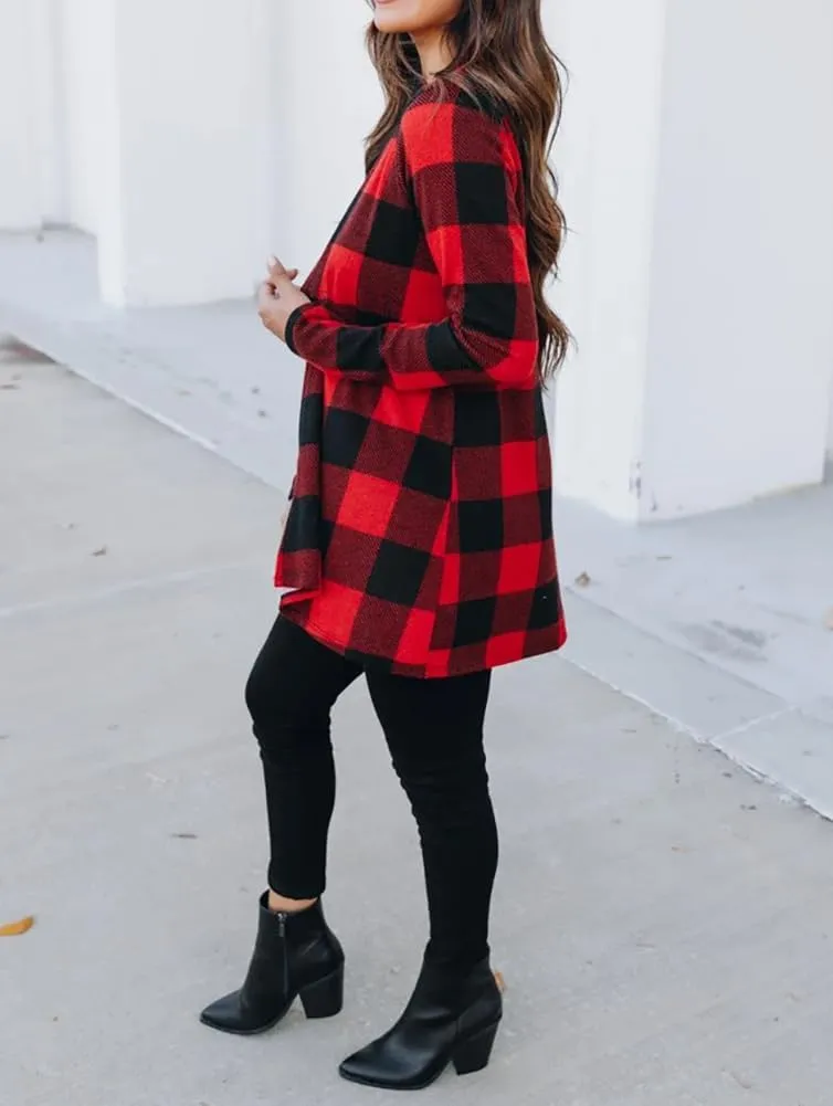 Lacozy Women's Open Front Long Cardigan Draped Snap Buffalo Plaid Shirt Kimono Cardigan Knit Sweater