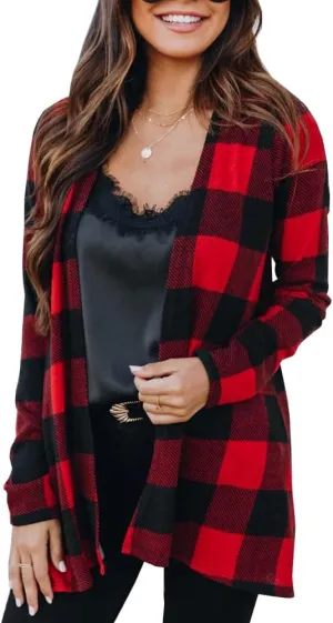Lacozy Women's Open Front Long Cardigan Draped Snap Buffalo Plaid Shirt Kimono Cardigan Knit Sweater