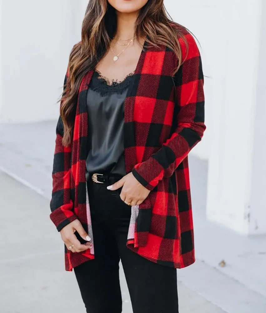 Lacozy Women's Open Front Long Cardigan Draped Snap Buffalo Plaid Shirt Kimono Cardigan Knit Sweater