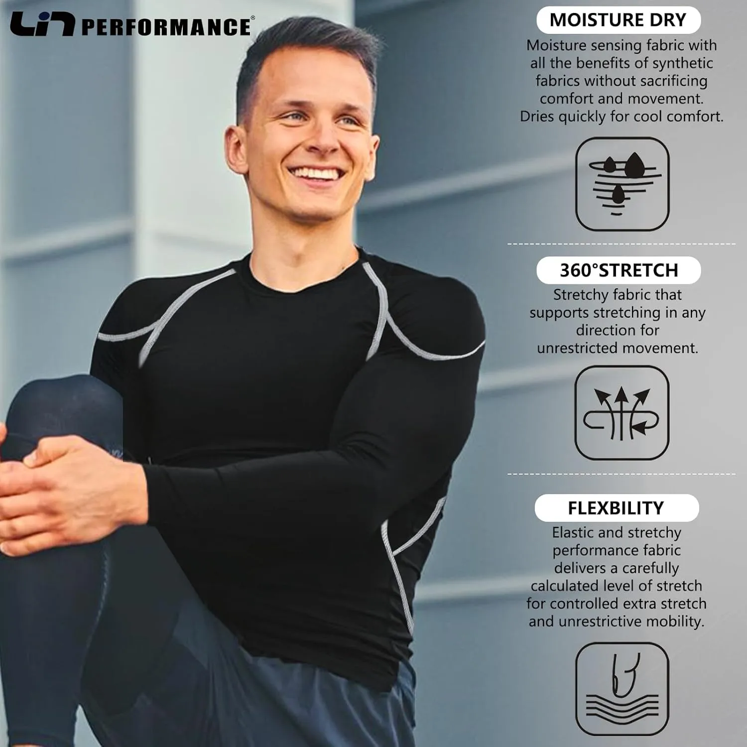 LIN PERFORMANCE Men's Long Sleeve Compression Shirts Athletic Workout Shirt Undershirt Base Layer Top Quick Dry