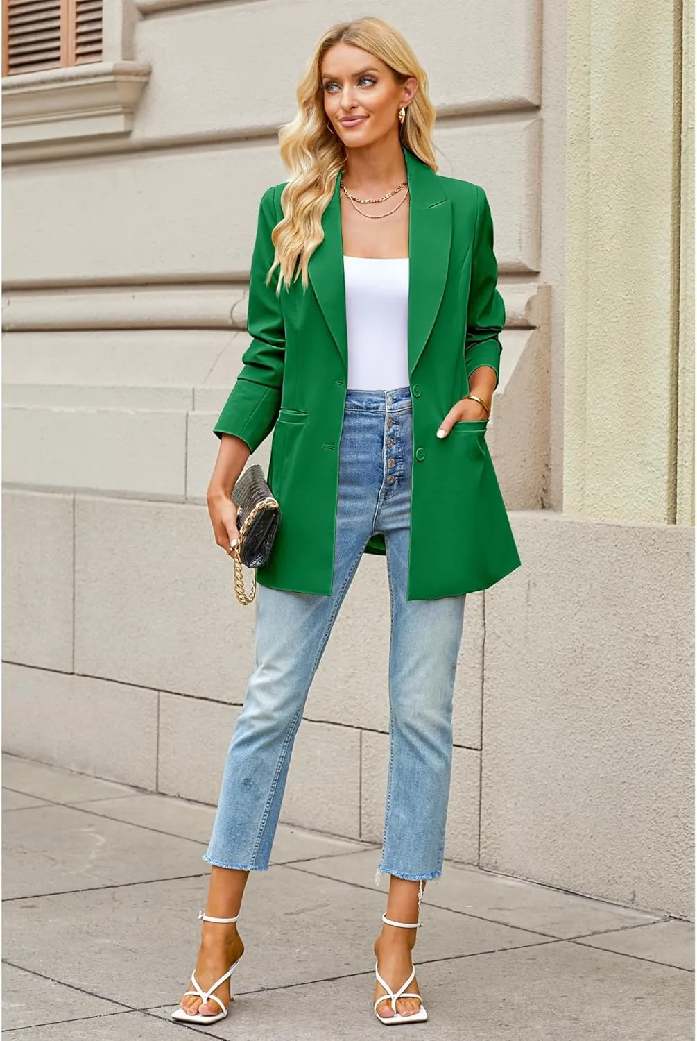 luvamia Blazers for Women Business Casual Long Blazer Jackets Dressy Work Professional Office Outfits Lapel Pockets