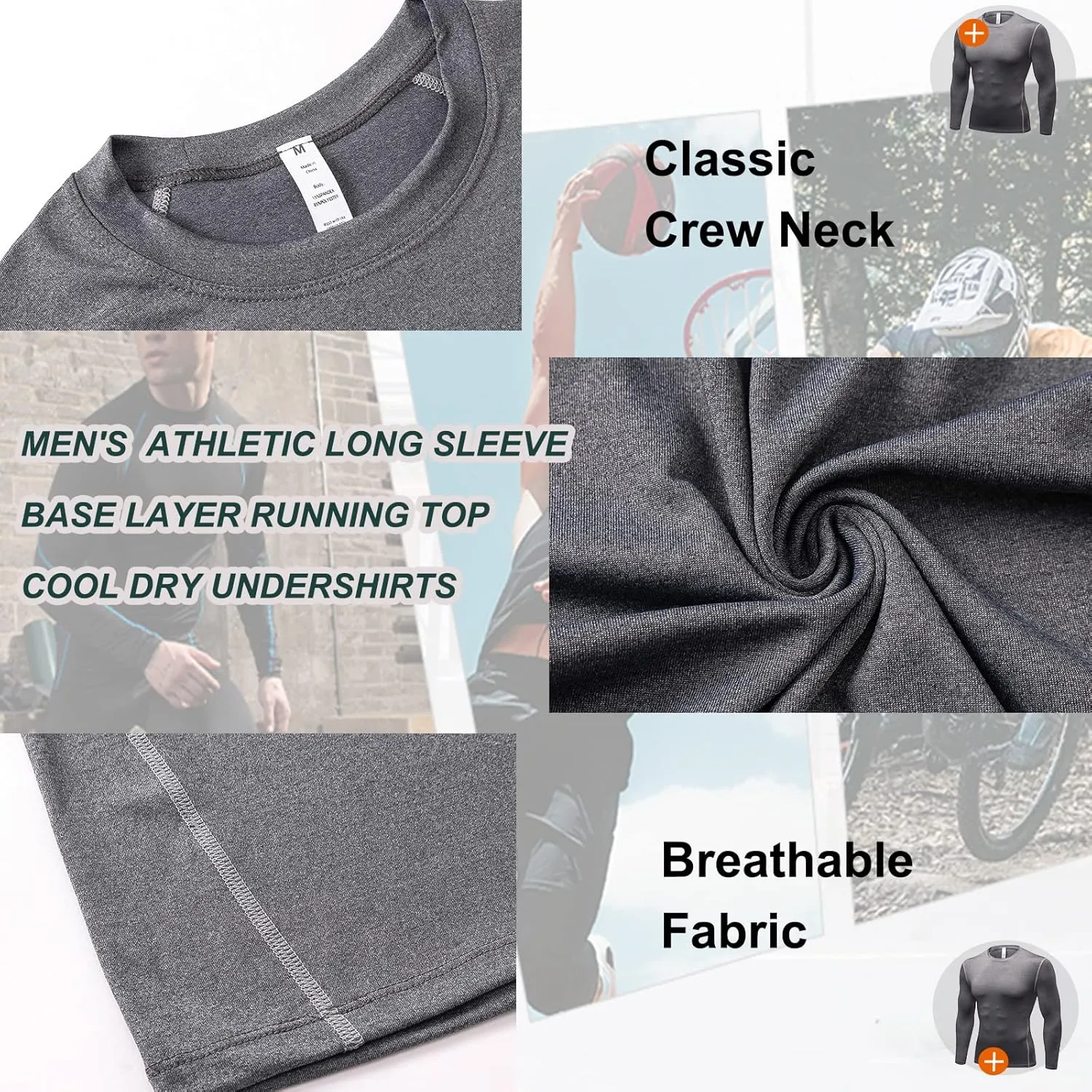 Men's Athletic Compression Shirts Long Sleeve Qucik Dry Sports Crewneck Workout Running Tops Baselayer Gym Undershirt