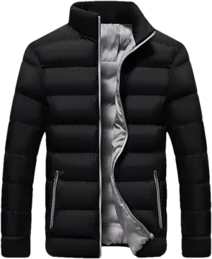 Mens Solid Stand Collar Light Cotton-Padded Casual Zipper Long Sleeve Warm Parka Coat
