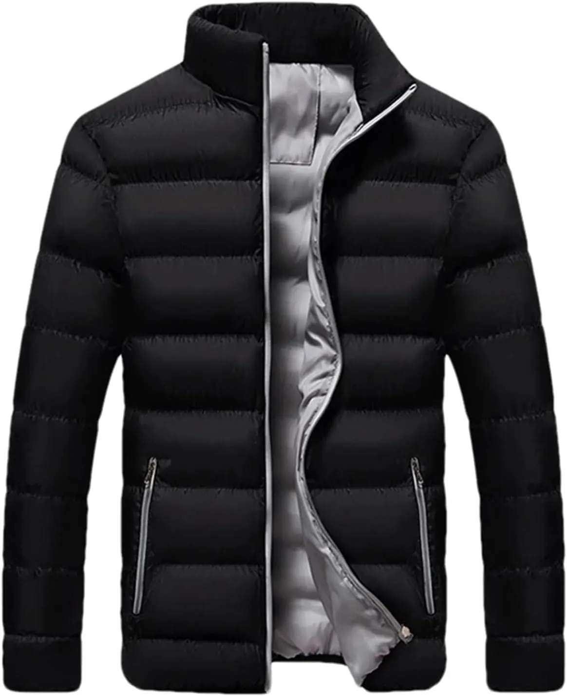 Mens Solid Stand Collar Light Cotton-Padded Casual Zipper Long Sleeve Warm Parka Coat