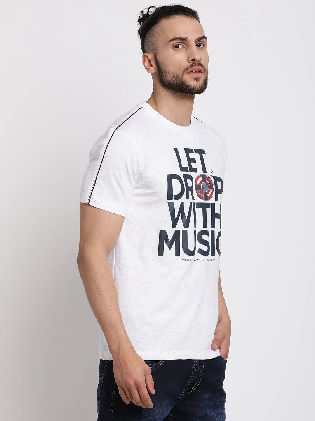 Men's White  Round neck Half Sleeve T-Shirt with contrast piping detail on shoulder