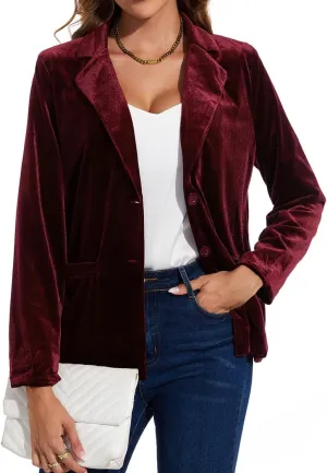 MINTLIMIT Velvet Blazers for Women Long Sleeve Notched Lapel Button Pockets Suit Blazer Classic Casual Formal Jacket Blazers, L, Wine Red