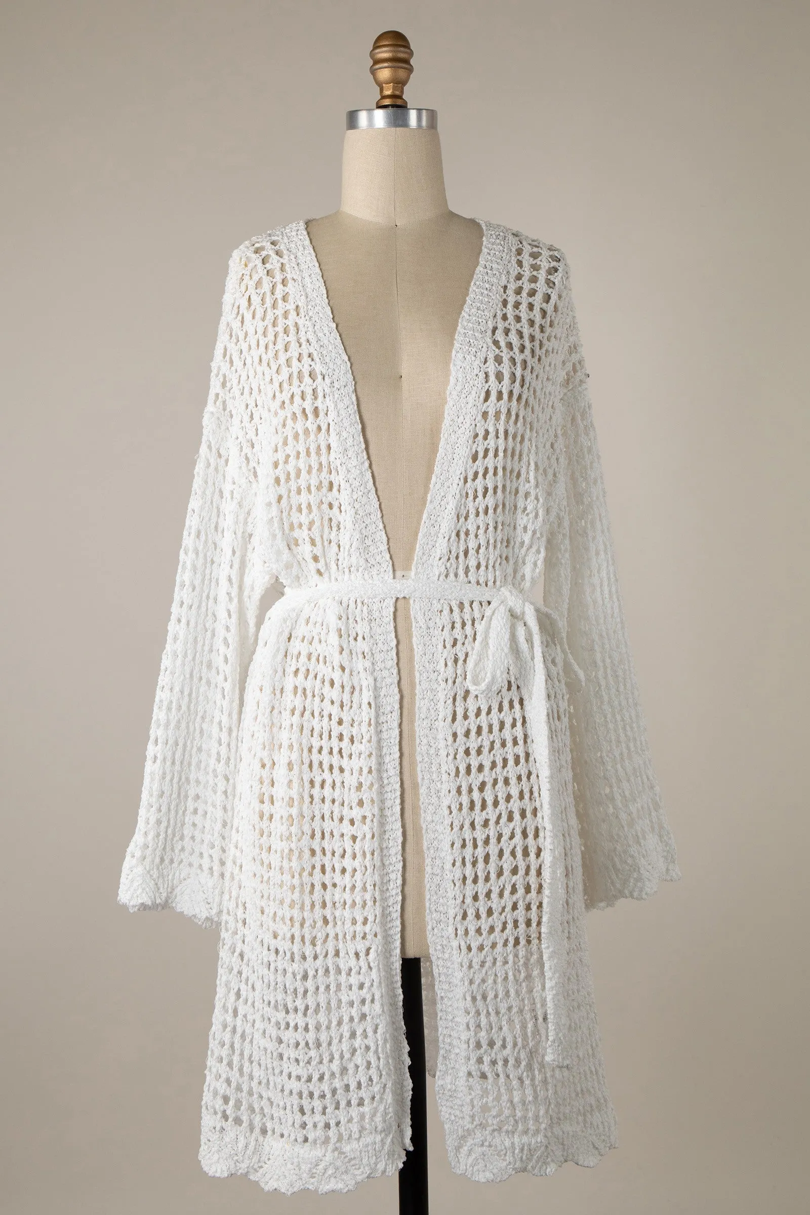 Miracle Open Crochet Belted Cardigan in Ivory FINAL SALE