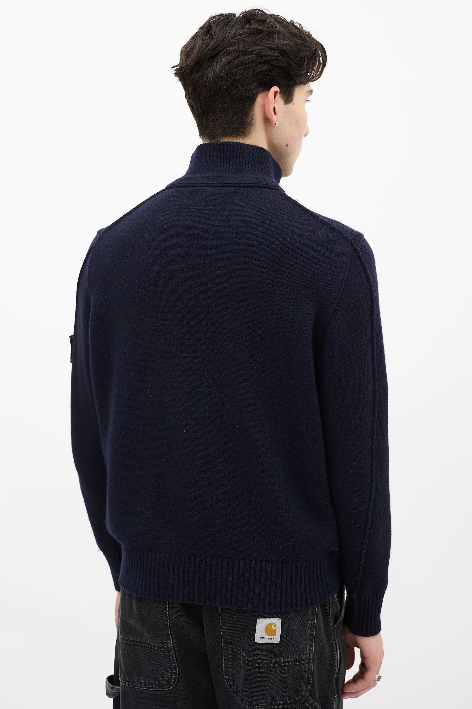 Navy Wool Knit Quarter Zip Sweater