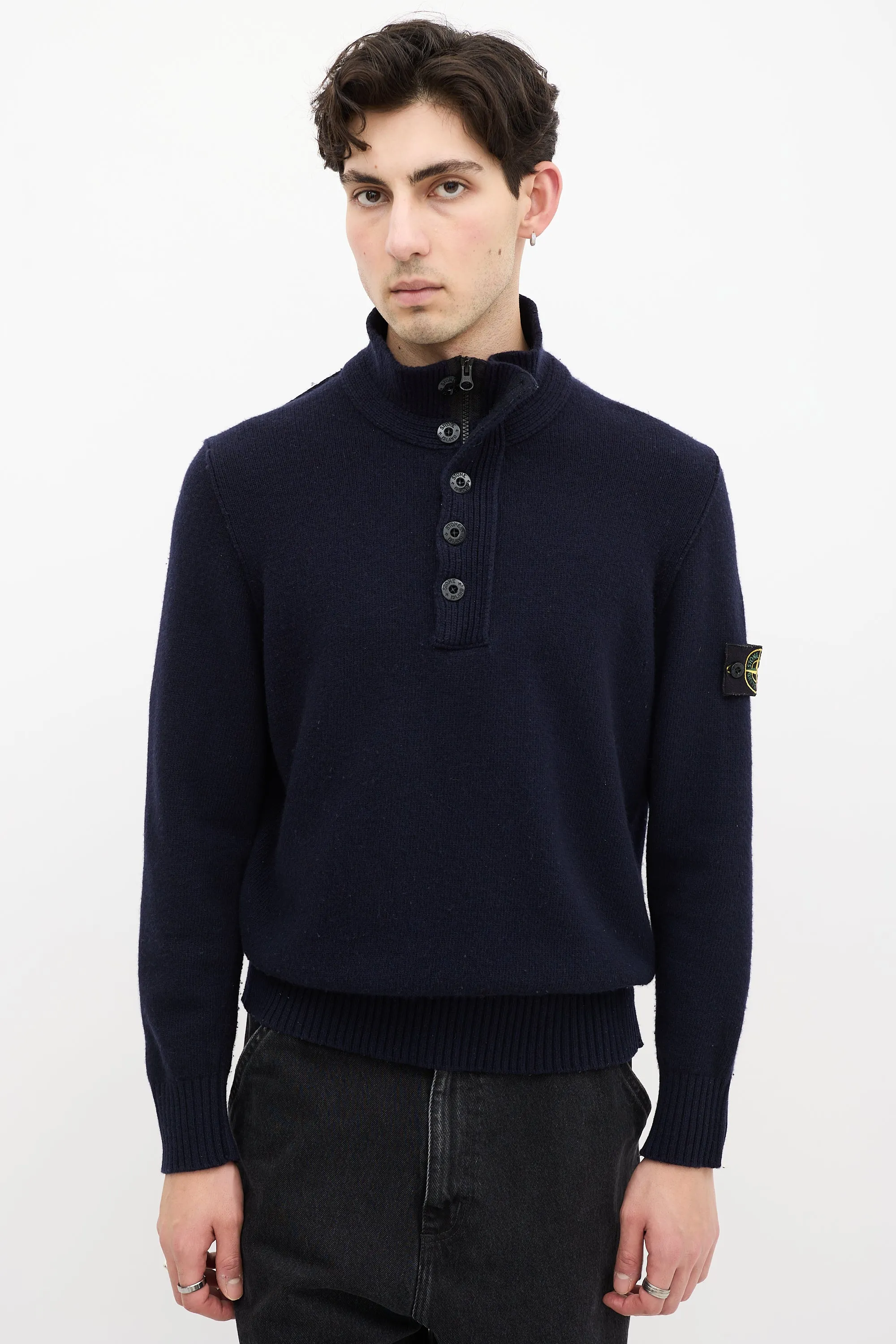 Navy Wool Knit Quarter Zip Sweater