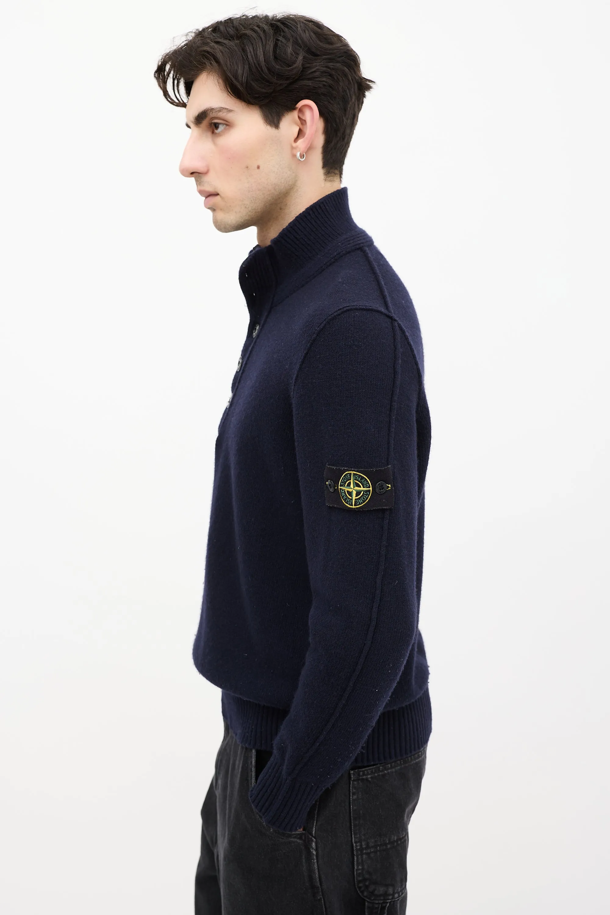 Navy Wool Knit Quarter Zip Sweater