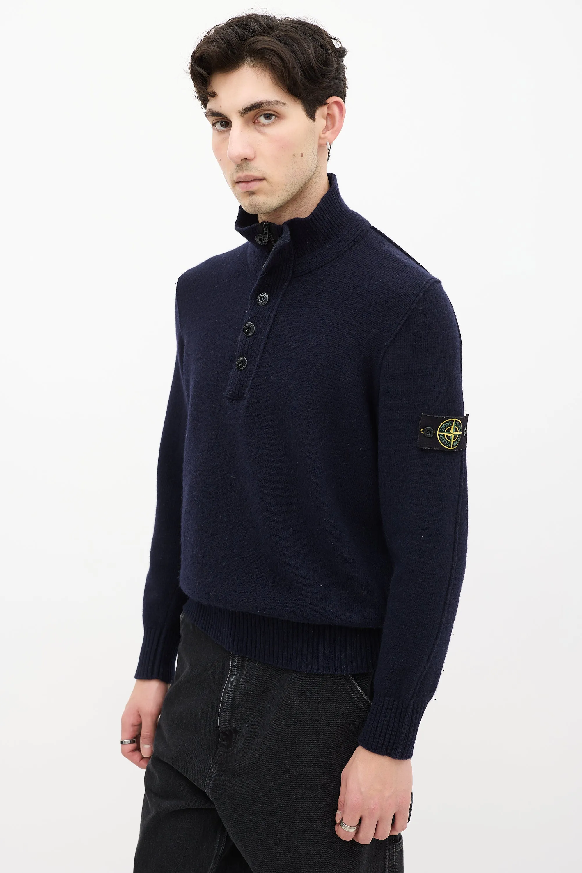 Navy Wool Knit Quarter Zip Sweater