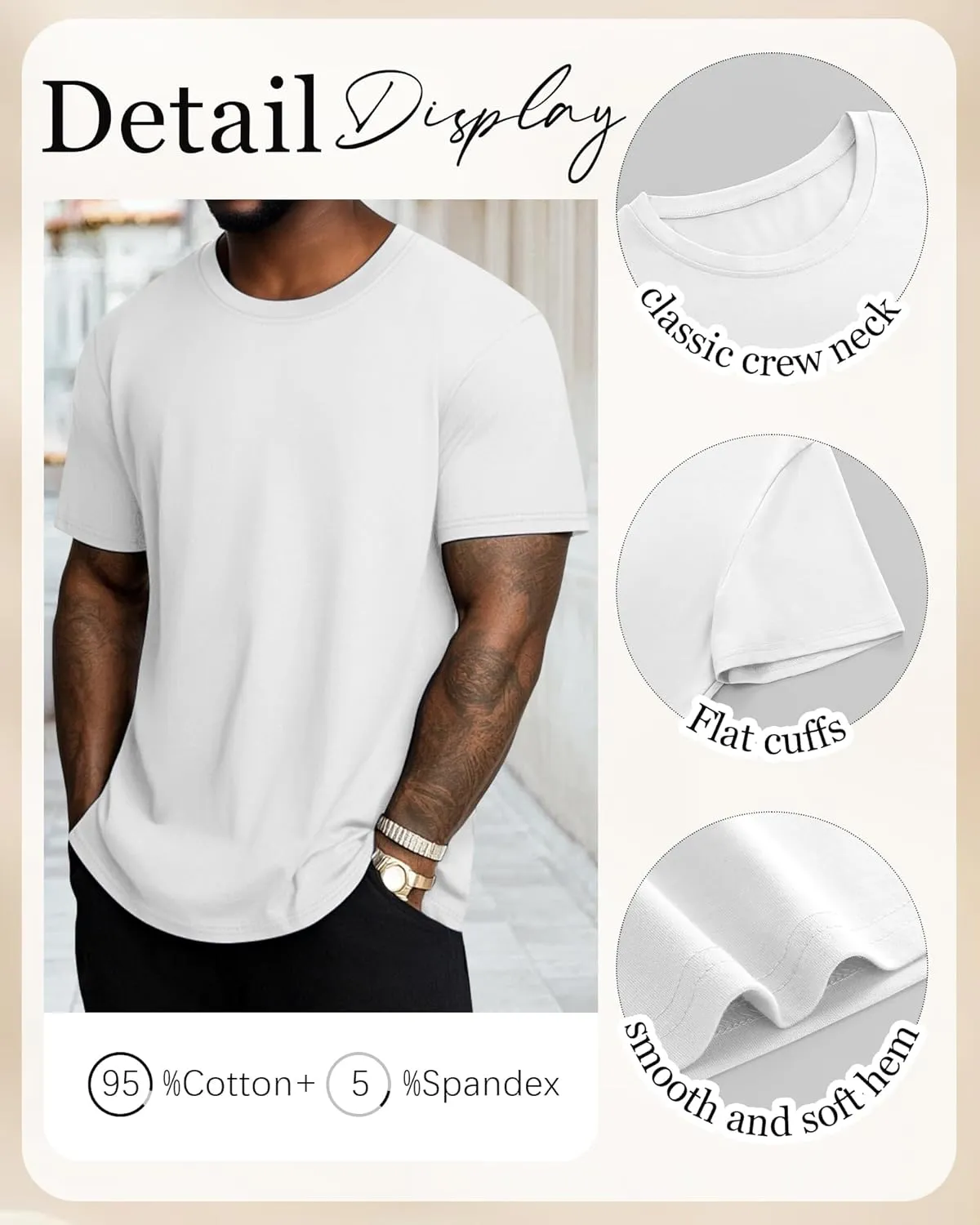 Neer 3 Pack Men's Round Neck T Shirts 95% Cotton M-7xl Big Tall Regular Tees Soft Short Sleeve 2025 Summer Basic Tops