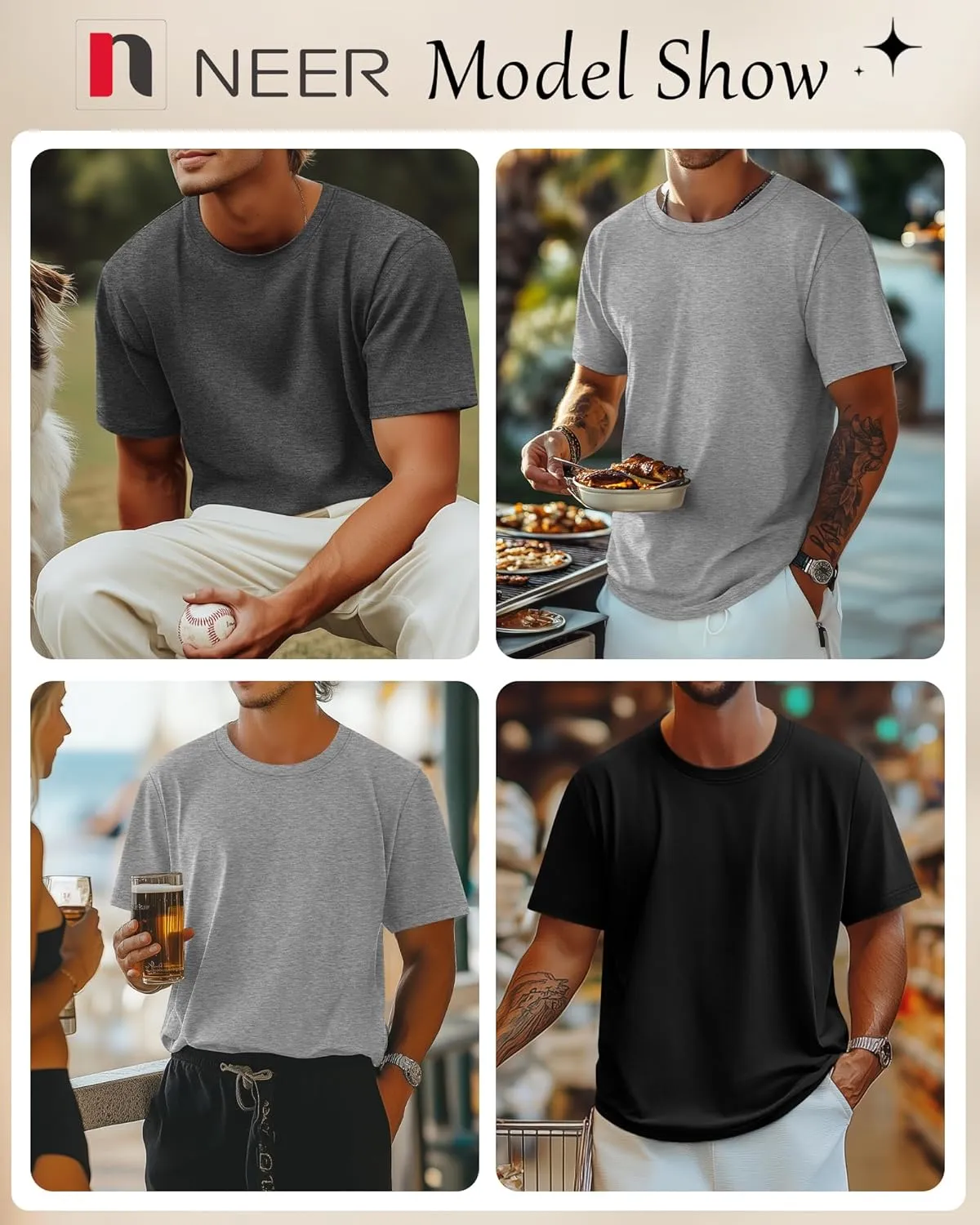 Neer 3 Pack Men's Round Neck T Shirts 95% Cotton M-7xl Big Tall Regular Tees Soft Short Sleeve 2025 Summer Basic Tops