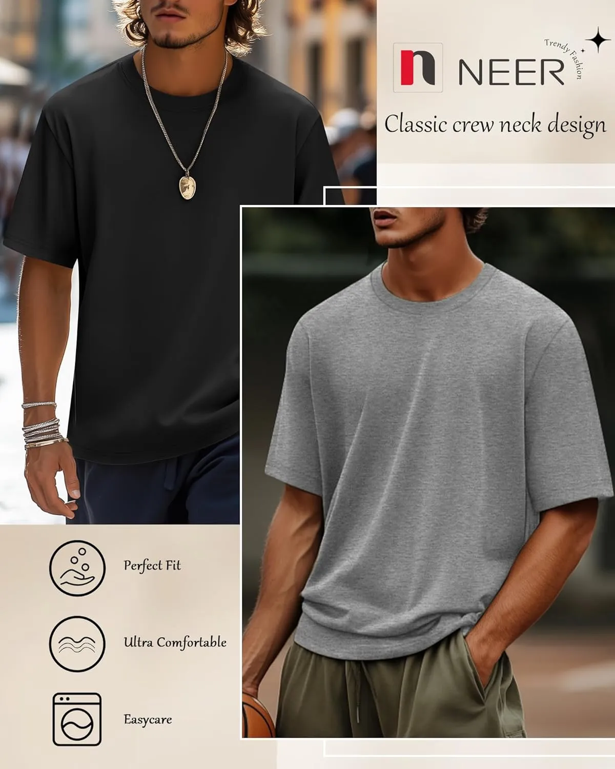 Neer 3 Pack Men's Round Neck T Shirts 95% Cotton M-7xl Big Tall Regular Tees Soft Short Sleeve 2025 Summer Basic Tops