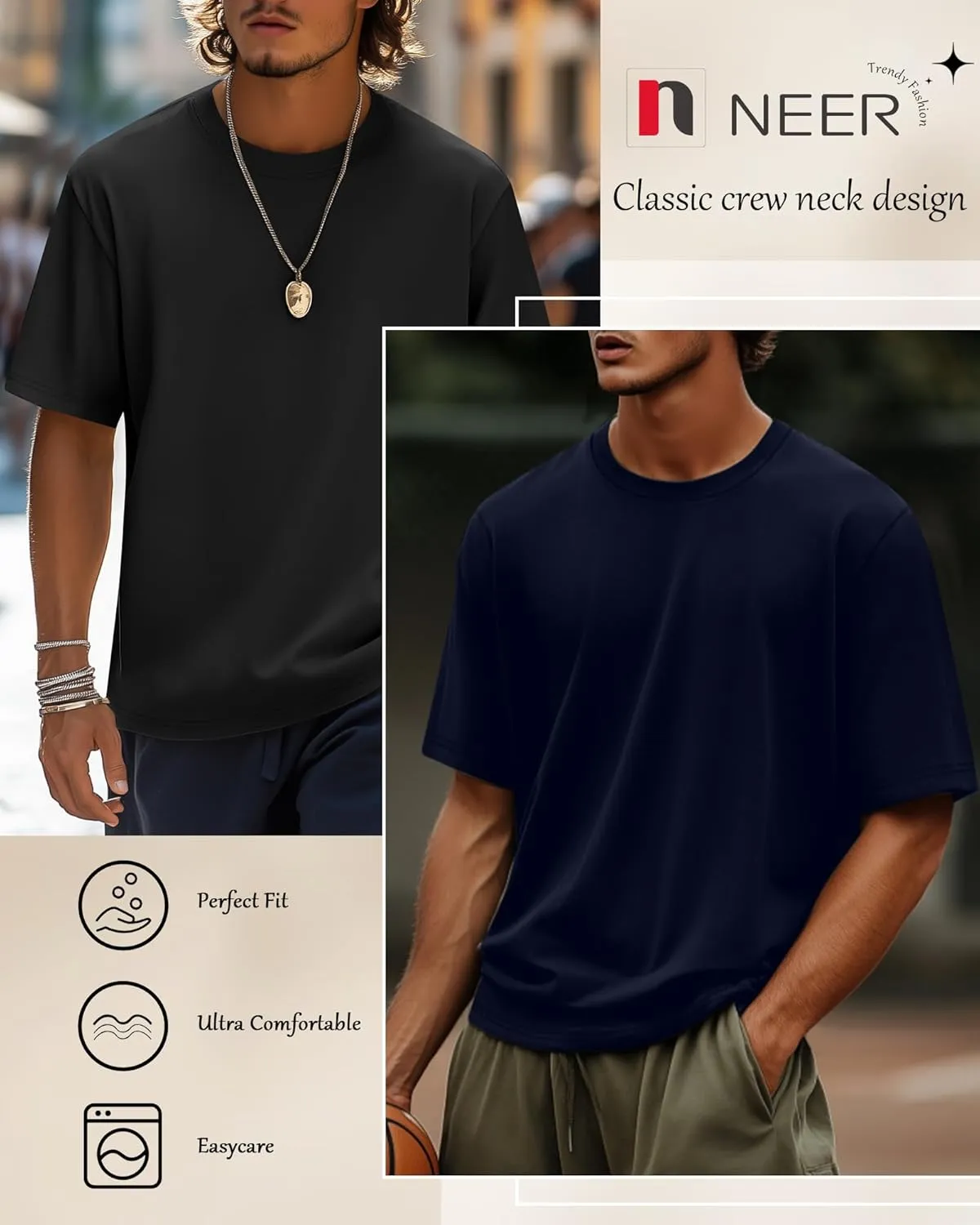 Neer 3 Pack Men's Round Neck T Shirts 95% Cotton M-7xl Big Tall Regular Tees Soft Short Sleeve 2025 Summer Basic Tops