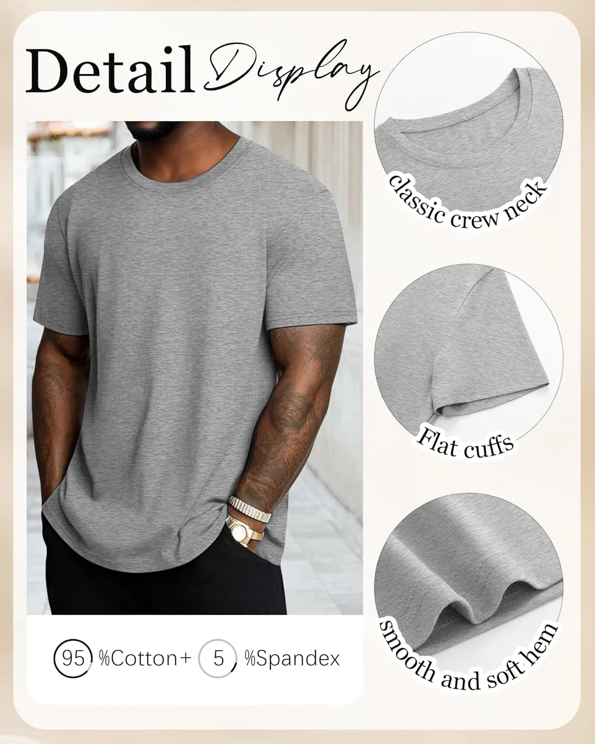 Neer 3 Pack Men's Round Neck T Shirts 95% Cotton M-7xl Big Tall Regular Tees Soft Short Sleeve 2025 Summer Basic Tops