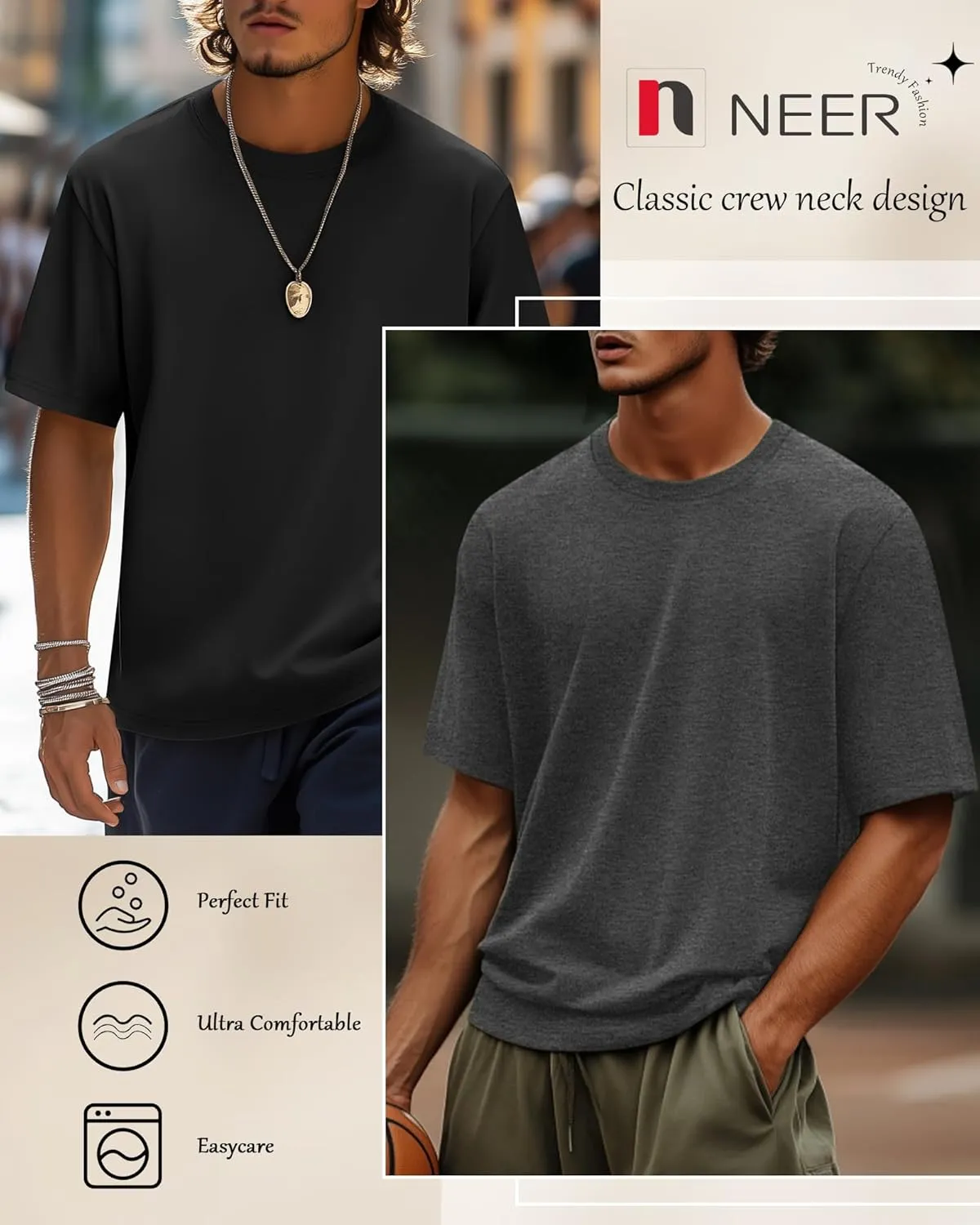 Neer 3 Pack Men's Round Neck T Shirts 95% Cotton M-7xl Big Tall Regular Tees Soft Short Sleeve 2025 Summer Basic Tops