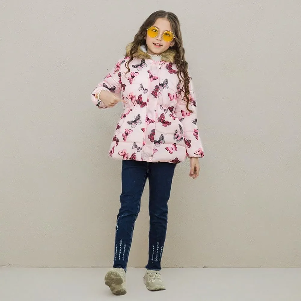 ODIZLI Kids Girls Boys Light Puffer Floral Print Faux Fur Hoodie Zip Up Fleece Fall Winter Jacket