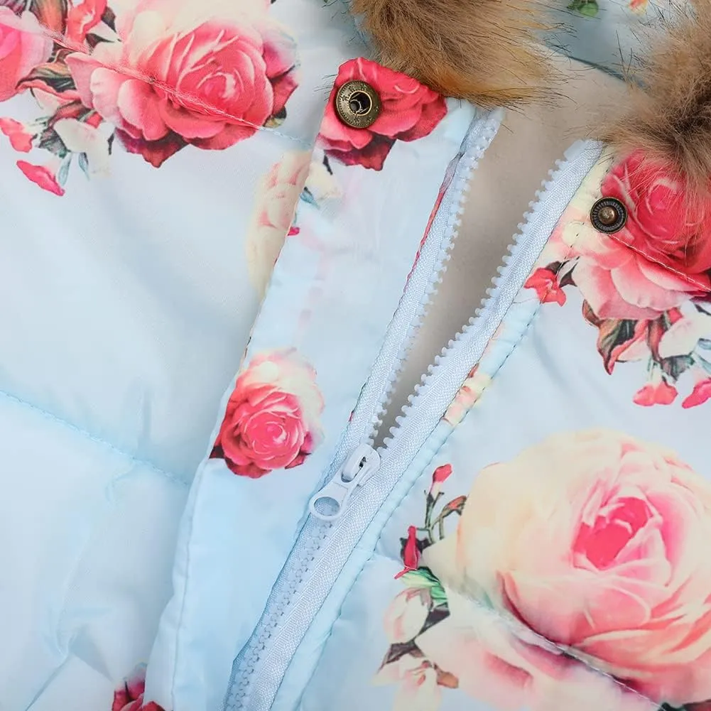 ODIZLI Kids Girls Boys Light Puffer Floral Print Faux Fur Hoodie Zip Up Fleece Fall Winter Jacket