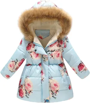 ODIZLI Kids Girls Boys Light Puffer Floral Print Faux Fur Hoodie Zip Up Fleece Fall Winter Jacket
