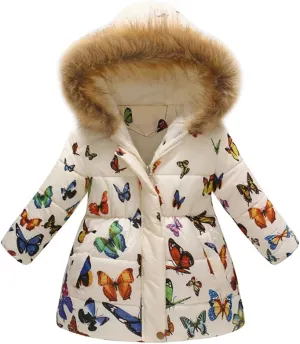 ODIZLI Kids Girls Boys Light Puffer Floral Print Faux Fur Hoodie Zip Up Fleece Fall Winter Jacket