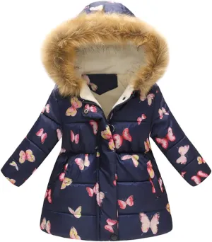 ODIZLI Kids Girls Boys Light Puffer Floral Print Faux Fur Hoodie Zip Up Fleece Fall Winter Jacket