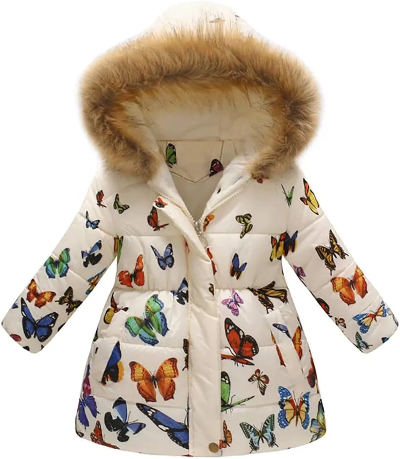 ODIZLI Kids Girls Boys Light Puffer Floral Print Faux Fur Hoodie Zip Up Fleece Fall Winter Jacket