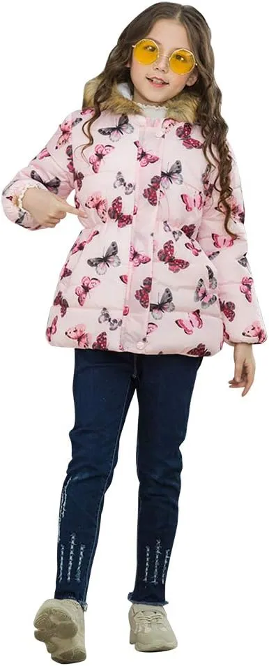 ODIZLI Kids Girls Boys Light Puffer Floral Print Faux Fur Hoodie Zip Up Fleece Fall Winter Jacket