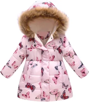 ODIZLI Kids Girls Boys Light Puffer Floral Print Faux Fur Hoodie Zip Up Fleece Fall Winter Jacket