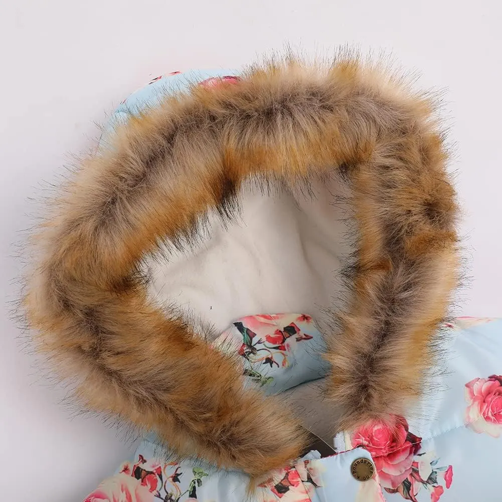 ODIZLI Kids Girls Boys Light Puffer Floral Print Faux Fur Hoodie Zip Up Fleece Fall Winter Jacket