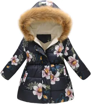 ODIZLI Kids Girls Boys Light Puffer Floral Print Faux Fur Hoodie Zip Up Fleece Fall Winter Jacket