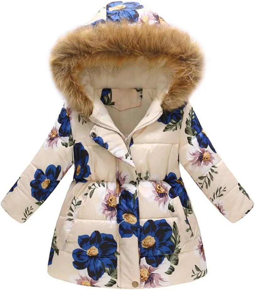 ODIZLI Kids Girls Boys Light Puffer Floral Print Faux Fur Hoodie Zip Up Fleece Fall Winter Jacket