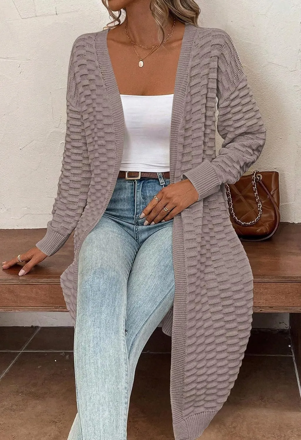 Pink Queen Women's Lightweight Long Cardigan Sweaters Casual Long Sleeve Open Front Drop Shoulder Oversized Fall Knitwear