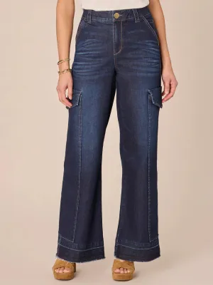 "AB" Solution Skyrise Cargo Wide Leg w/Released Fray Hem-Dark Indigo