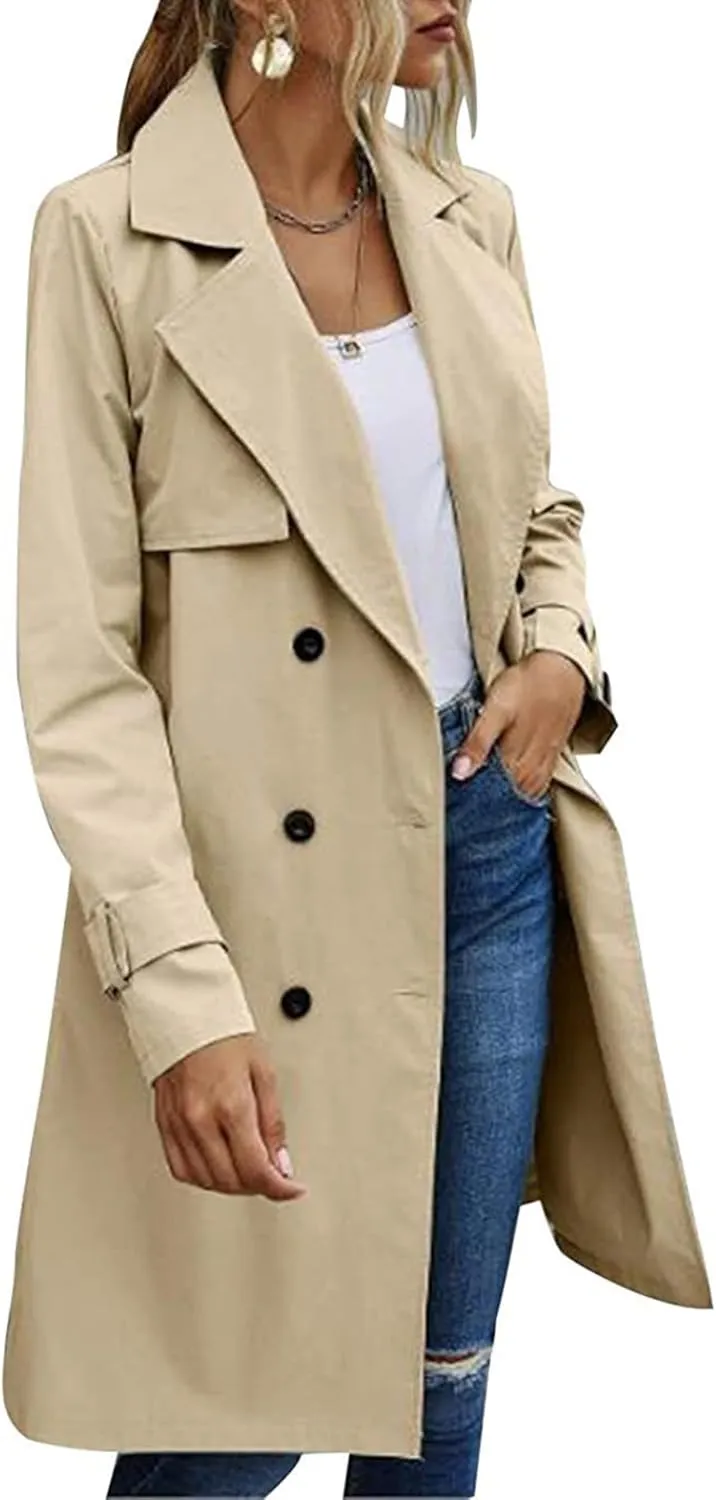 SEMATOMALA Women's Double Breasted Midi Trench Coat Flowy Light Weight Classic Belted Lapel Slim Windproof Overcoat