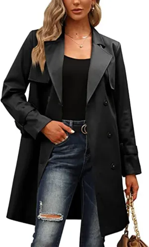 SEMATOMALA Women's Double Breasted Midi Trench Coat Flowy Light Weight Classic Belted Lapel Slim Windproof Overcoat