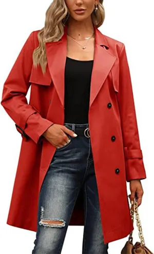 SEMATOMALA Women's Double Breasted Midi Trench Coat Flowy Light Weight Classic Belted Lapel Slim Windproof Overcoat