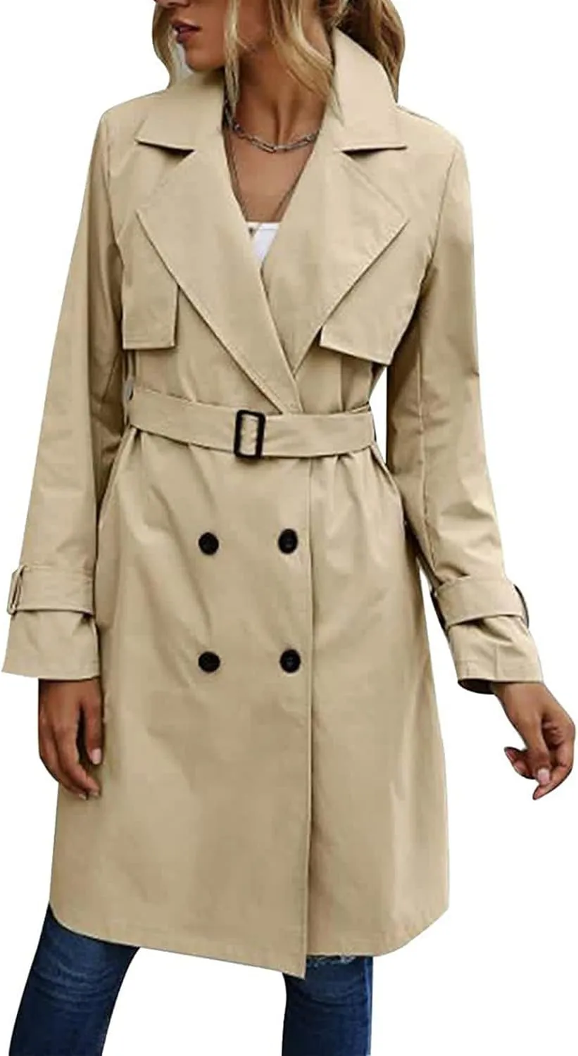 SEMATOMALA Women's Double Breasted Midi Trench Coat Flowy Light Weight Classic Belted Lapel Slim Windproof Overcoat