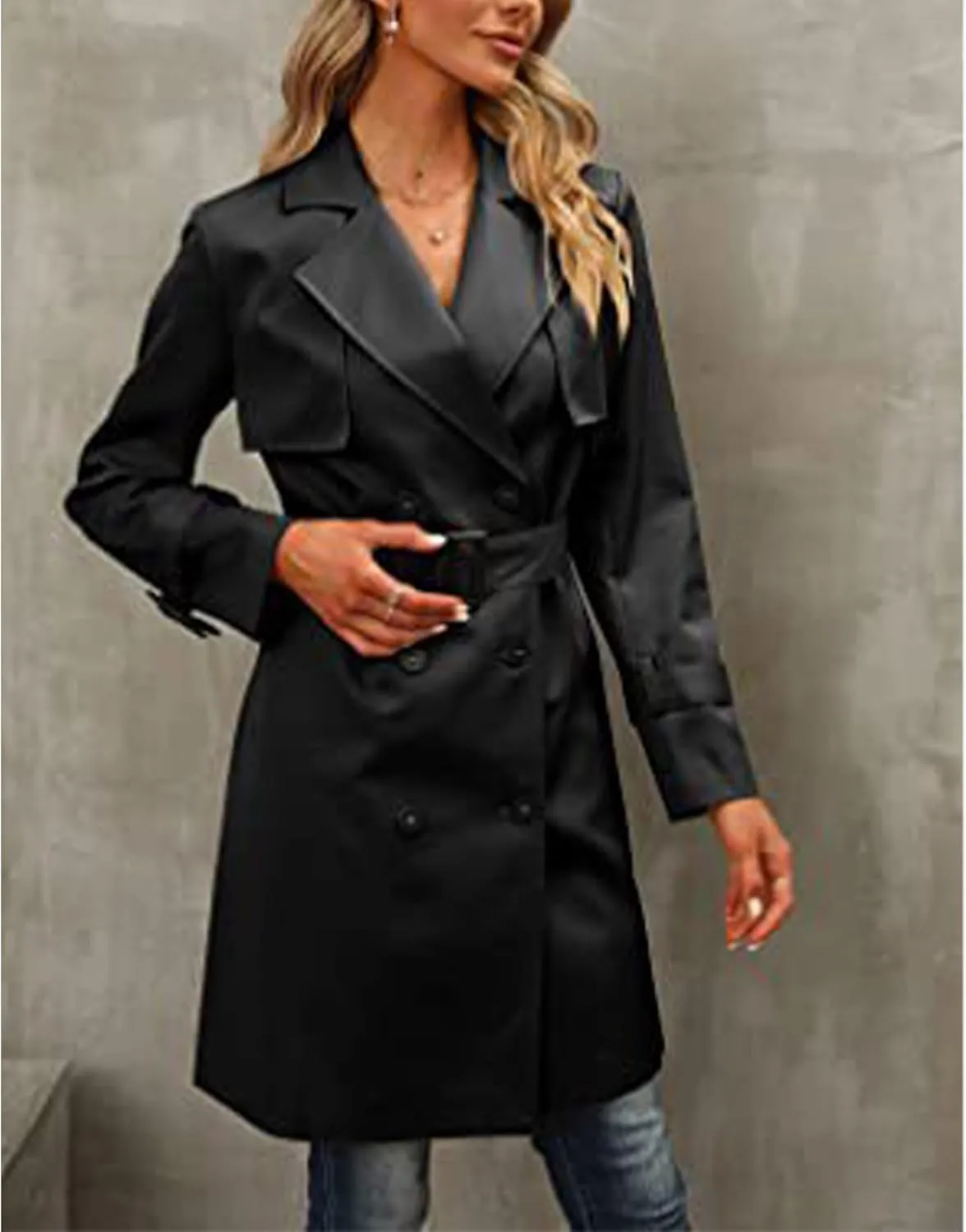 SEMATOMALA Women's Double Breasted Midi Trench Coat Flowy Light Weight Classic Belted Lapel Slim Windproof Overcoat
