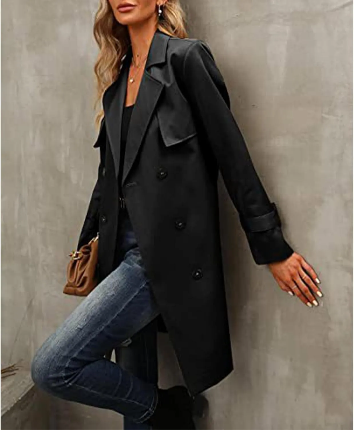 SEMATOMALA Women's Double Breasted Midi Trench Coat Flowy Light Weight Classic Belted Lapel Slim Windproof Overcoat