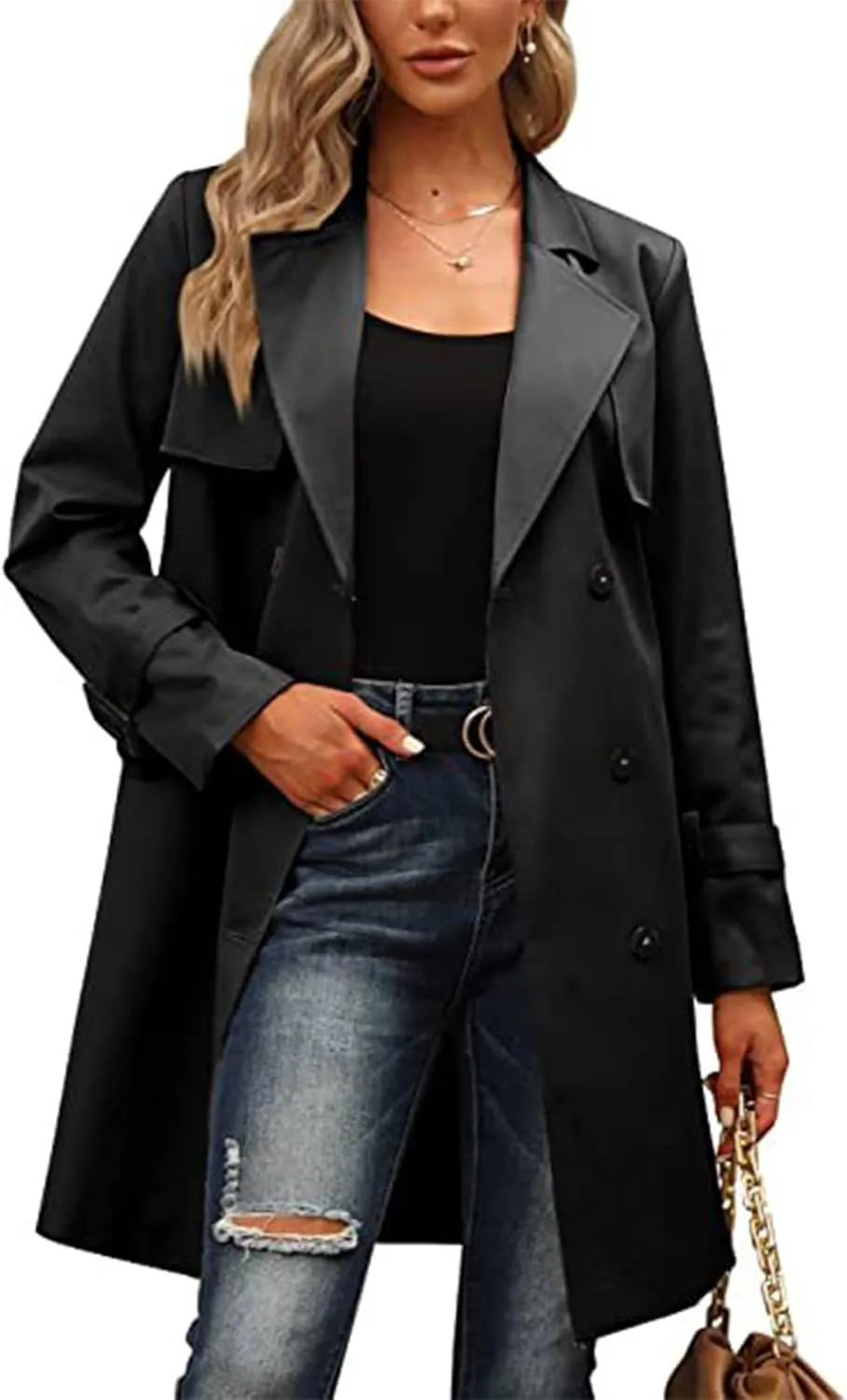 SEMATOMALA Women's Double Breasted Midi Trench Coat Flowy Light Weight Classic Belted Lapel Slim Windproof Overcoat