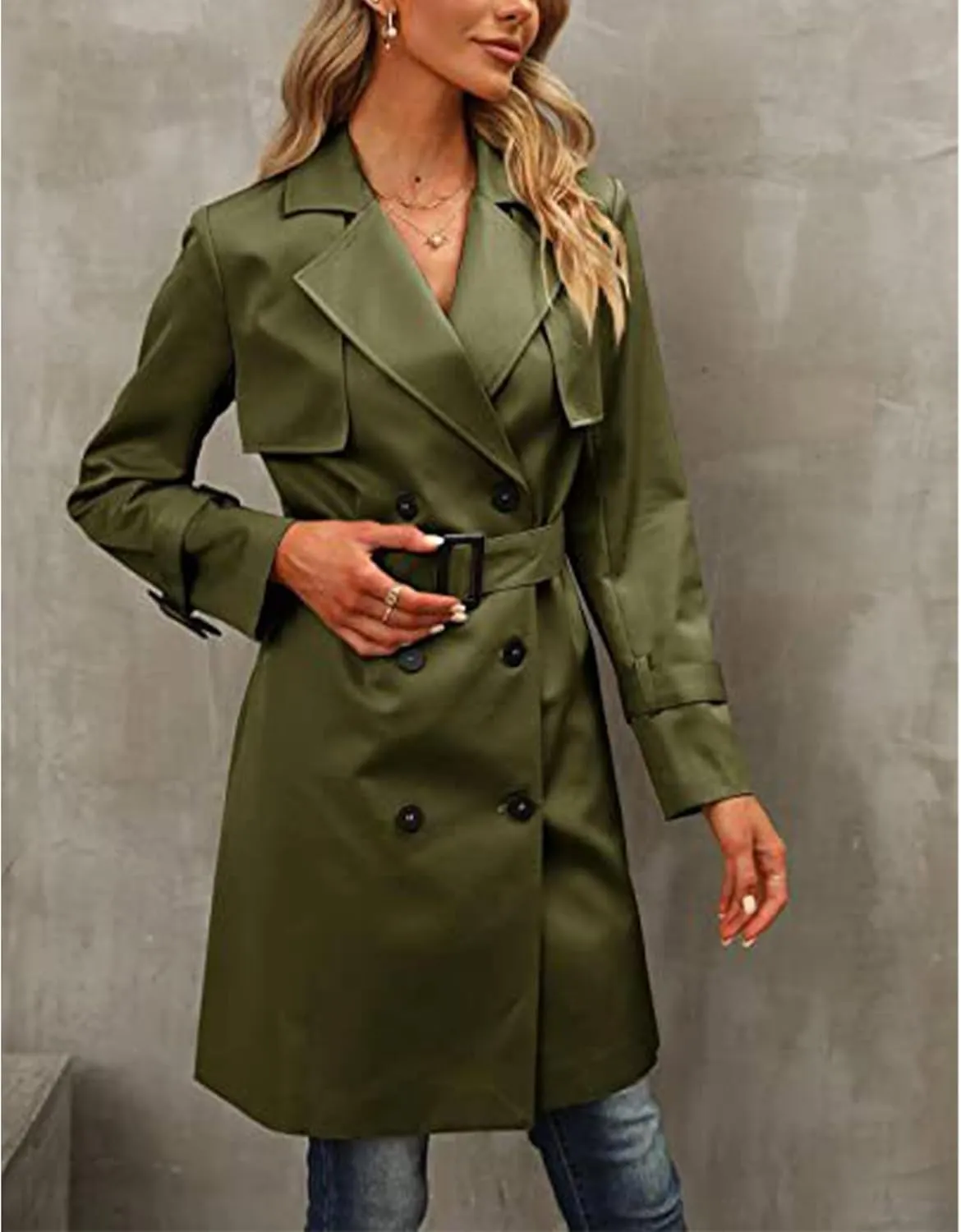 SEMATOMALA Women's Double Breasted Midi Trench Coat Flowy Light Weight Classic Belted Lapel Slim Windproof Overcoat