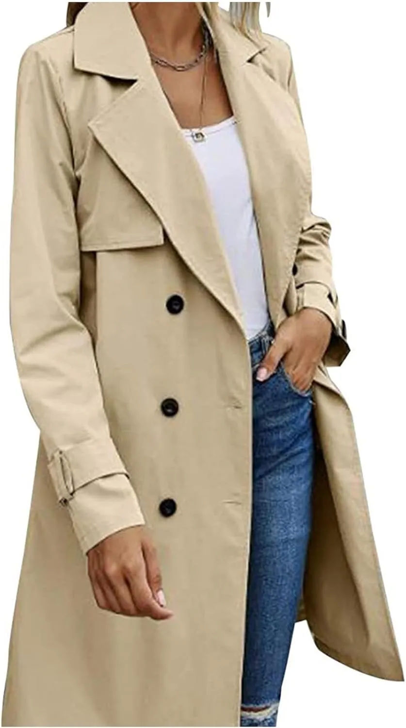 SEMATOMALA Women's Double Breasted Midi Trench Coat Flowy Light Weight Classic Belted Lapel Slim Windproof Overcoat