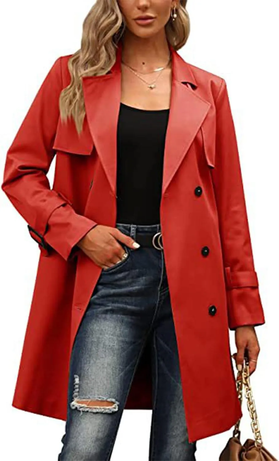 SEMATOMALA Women's Double Breasted Midi Trench Coat Flowy Light Weight Classic Belted Lapel Slim Windproof Overcoat
