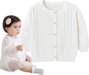 Simplee kids Baby Girl Thin Sweater Solid White Pink Cardigans for Toddler 0-3Years