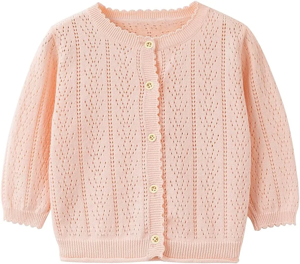 Simplee kids Baby Girl Thin Sweater Solid White Pink Cardigans for Toddler 0-3Years