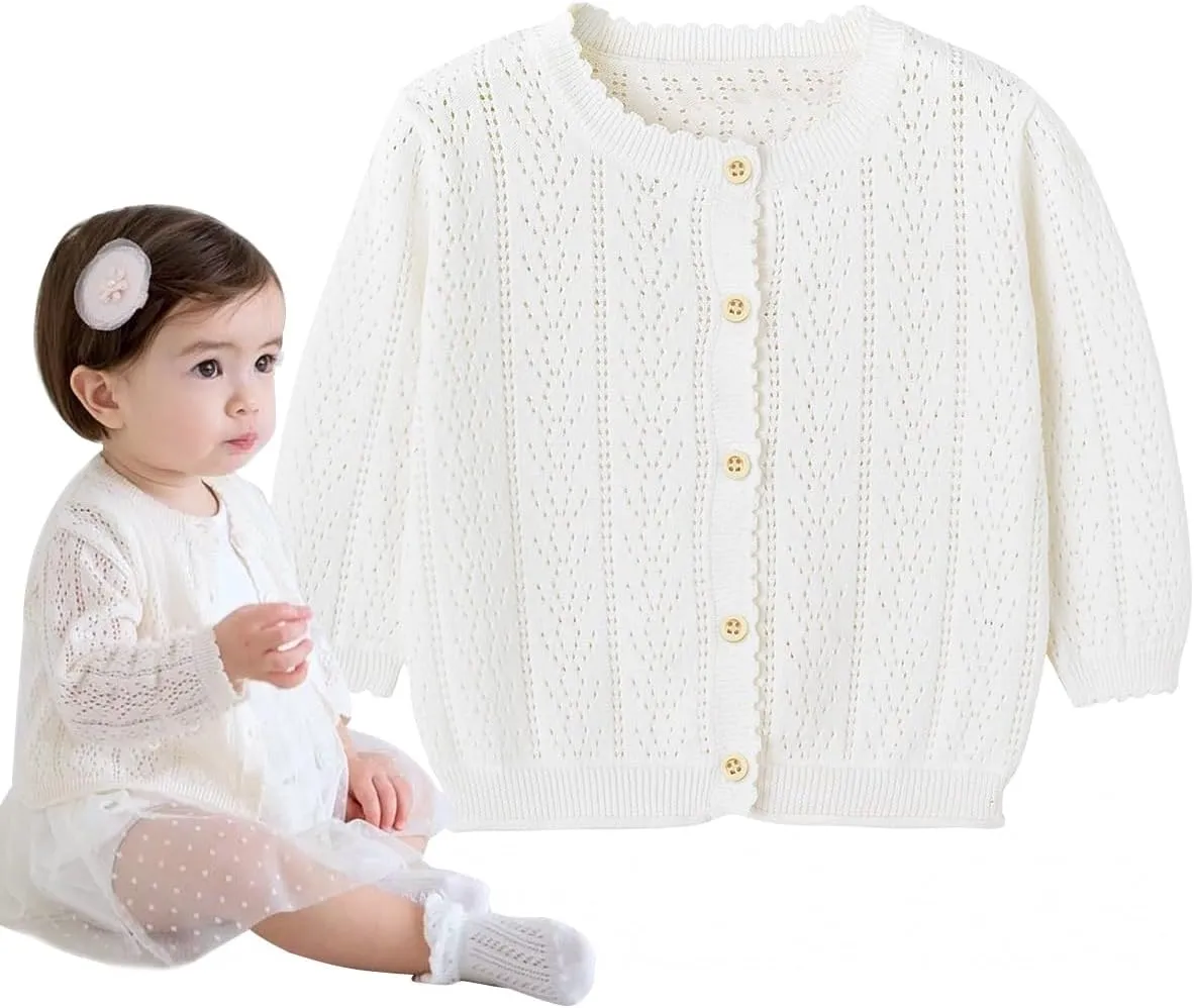 Simplee kids Baby Girl Thin Sweater Solid White Pink Cardigans for Toddler 0-3Years