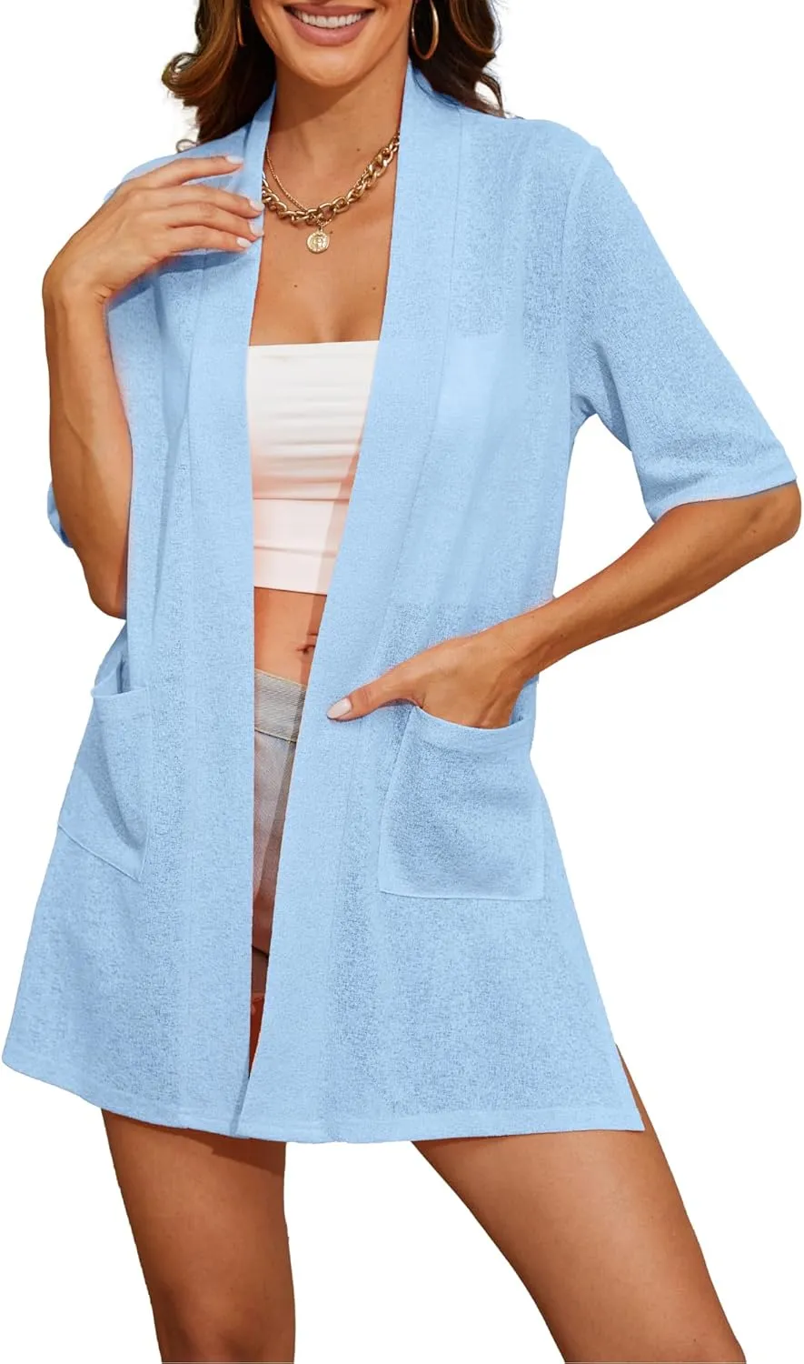 Spicy Sandia Women's Short Sleeve Sheer Summer Cardigans Lightweight Open Front Duster with Pockets