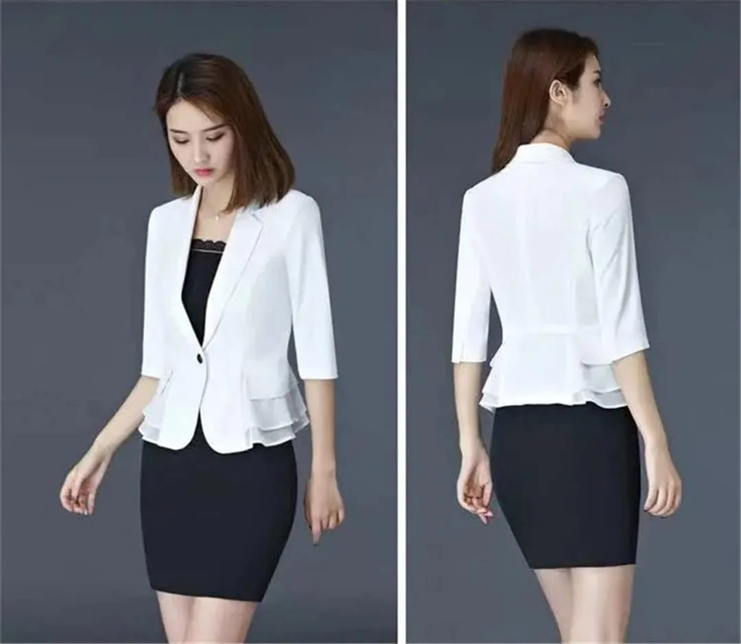 Three Quarter Sleeve Mesh Professional Blazer OL Jacket Women's Short Suit Summer White Coat