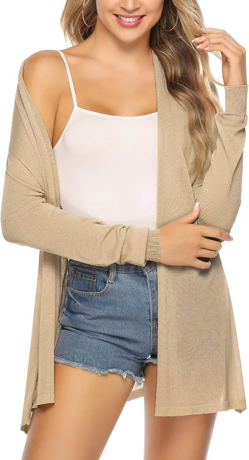 Totatuit Womens Summer Lightweight Sheer Kimono Cardigan Long Sleeve Open Front Knit Sweater Loose Cover Up Casual Blouse Top